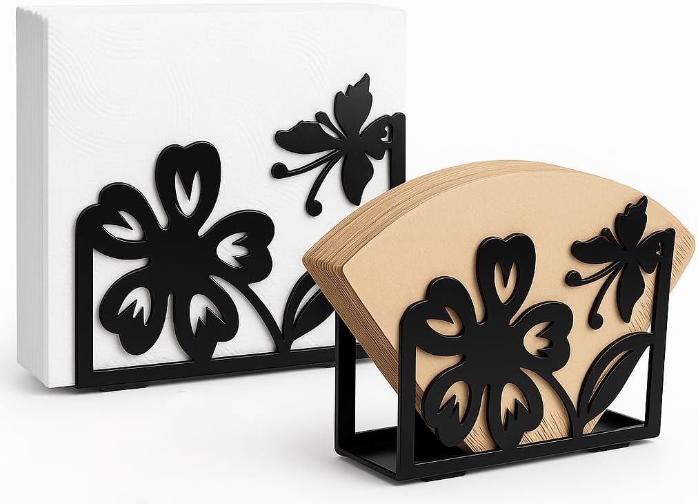 Butterfly napkin holder Set – 2 Pack Black metal napkin holder in the shape of a flower & Coffee filter holder for Kitchen, Dining & Coffee Bar – Fits Everyday, Cocktail Napkins & Filters Size 2 & 4
