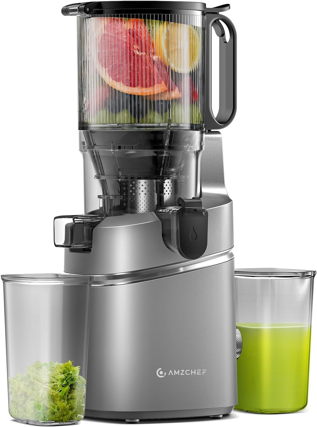 AMZCHEF Juicer Machines, 5.3" Extra Self-Feeding Cold Press Juicer for Whole Vegetable & Fruit, Juice Extractor Machine with Large Auger & Triple Strainers, Easy to Clean, High Juice Yield, Grey