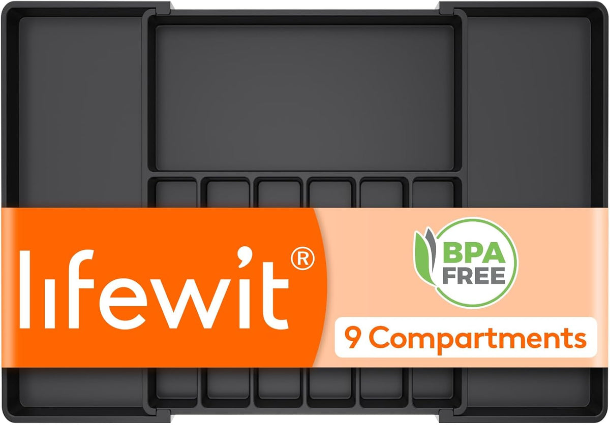 Lifewit Silverware Drawer Organizer, Expandable from 18.7 to 33 inches, Adjustable Utensil Tray for Kitchen, Large Cutlery Holder, Plastic Flatware Storage for Spoons Forks Knives, Black