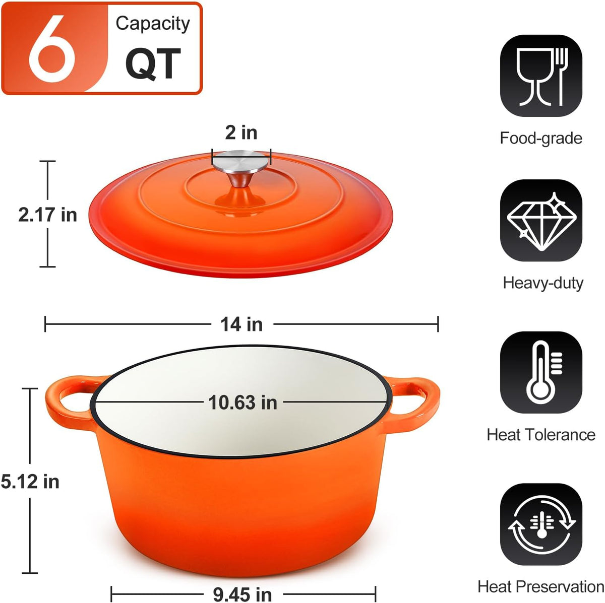 P&P CHEF 6QT Enameled Dutch Oven, Cast Iron Dutch Oven Pot with Lid for Bread Baking, Enameled Casserole Pot for Roasting Braising Stewing Frying Simmering, Various Stoves & Easy Clean, Orange