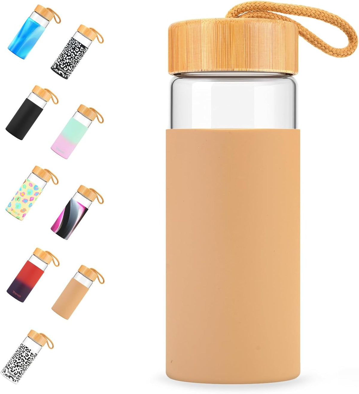 Tronco 20oz Glass Water Bottles with Bamboo Lid & Silicone Sleeve, Leak Proof, BPA Free, Reusable Borosilicate Glass Bottles for Juicing, Smoothies, Juice & Water, for Men & Women Gym, Office, Travel
