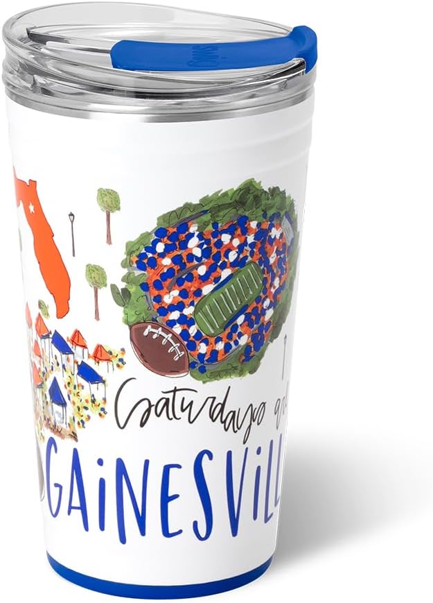 Swig Life 24oz Party Cup, Stackable Insulated Travel Coffee Tumbler with EZ Slider Lid, Cup Holder Friendly, Stainless Steel 24 oz Tumbler, Reusable Mug (Saturdays In Gainesville)