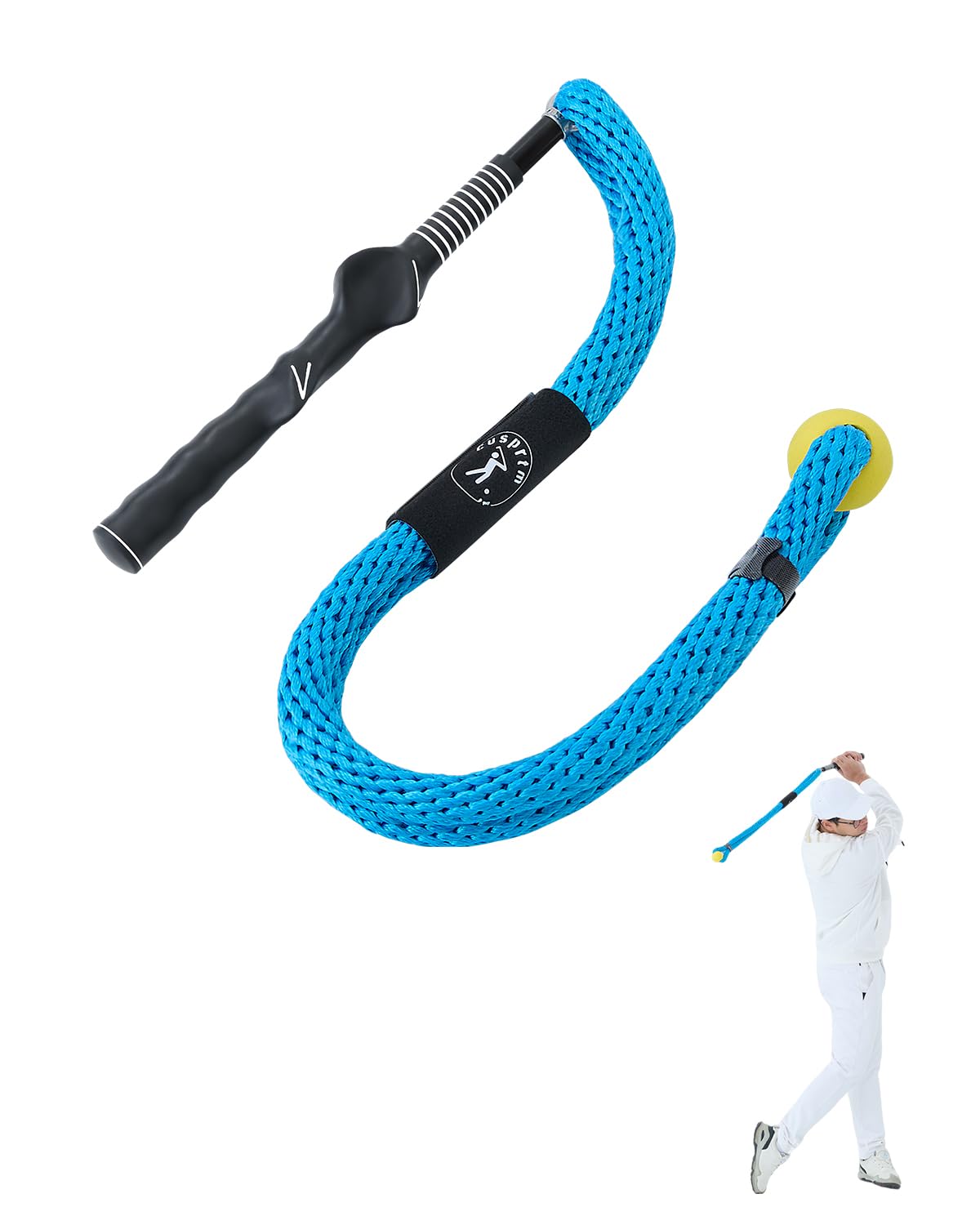 Cusprtm Golf Swing Trainer Rope with Molded Training Grip – Hand Position Corrector for Beginners – Golf Rope Aid for Tempo & Rhythm – Indoor Golf Practice Rope with Soft Safety Head (Blue-RH)