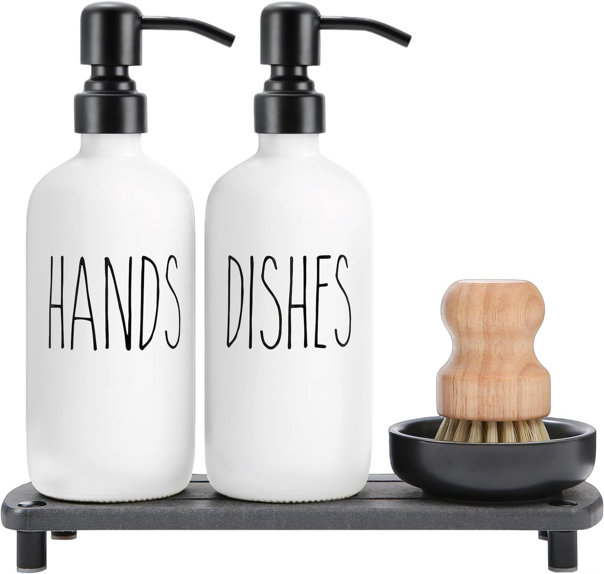 MOMEEMO White Soap Dispenser Set Comes with Stainless Pumps, Black Instant Dry Tray, and Dish Scrub Brush, Suitable for Kitchen Decor and Accessories. (White & Black)