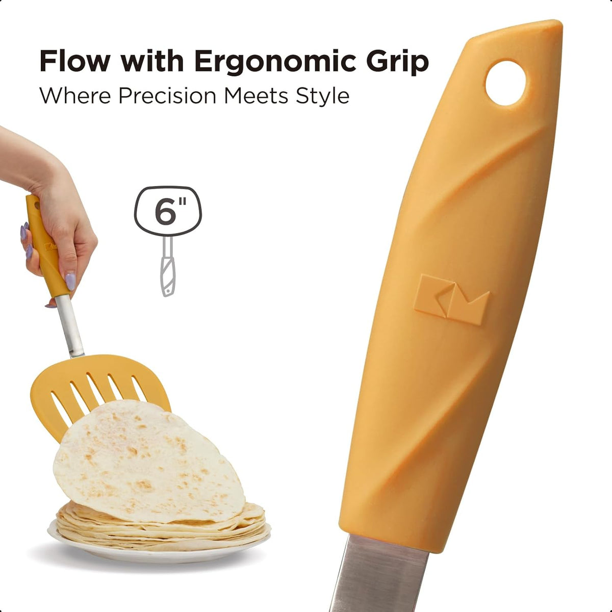Kitchen Mama WaltzGrip Platinum Silicone Pancake Spatula Turner: Heat-Resistant, Slotted Tapered Head, Stainless Steel Core, Durable, Dishwasher-Safe, Ideal for Flipping and Wok Use (Yellow)