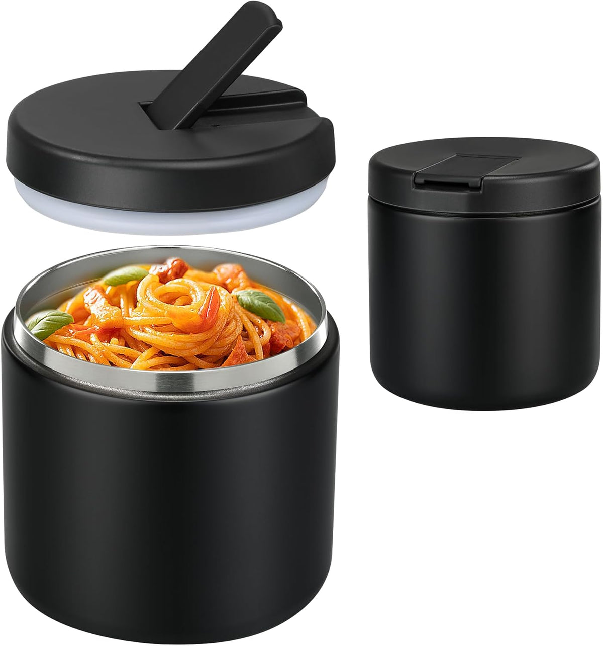 19oz Insulated Vacuum Food Jar with Buckle Lid Wide Mouth Soup Thermo for Hot Food Kids Leakproof Stainless Steel Lunch Container- Black-1Pack
