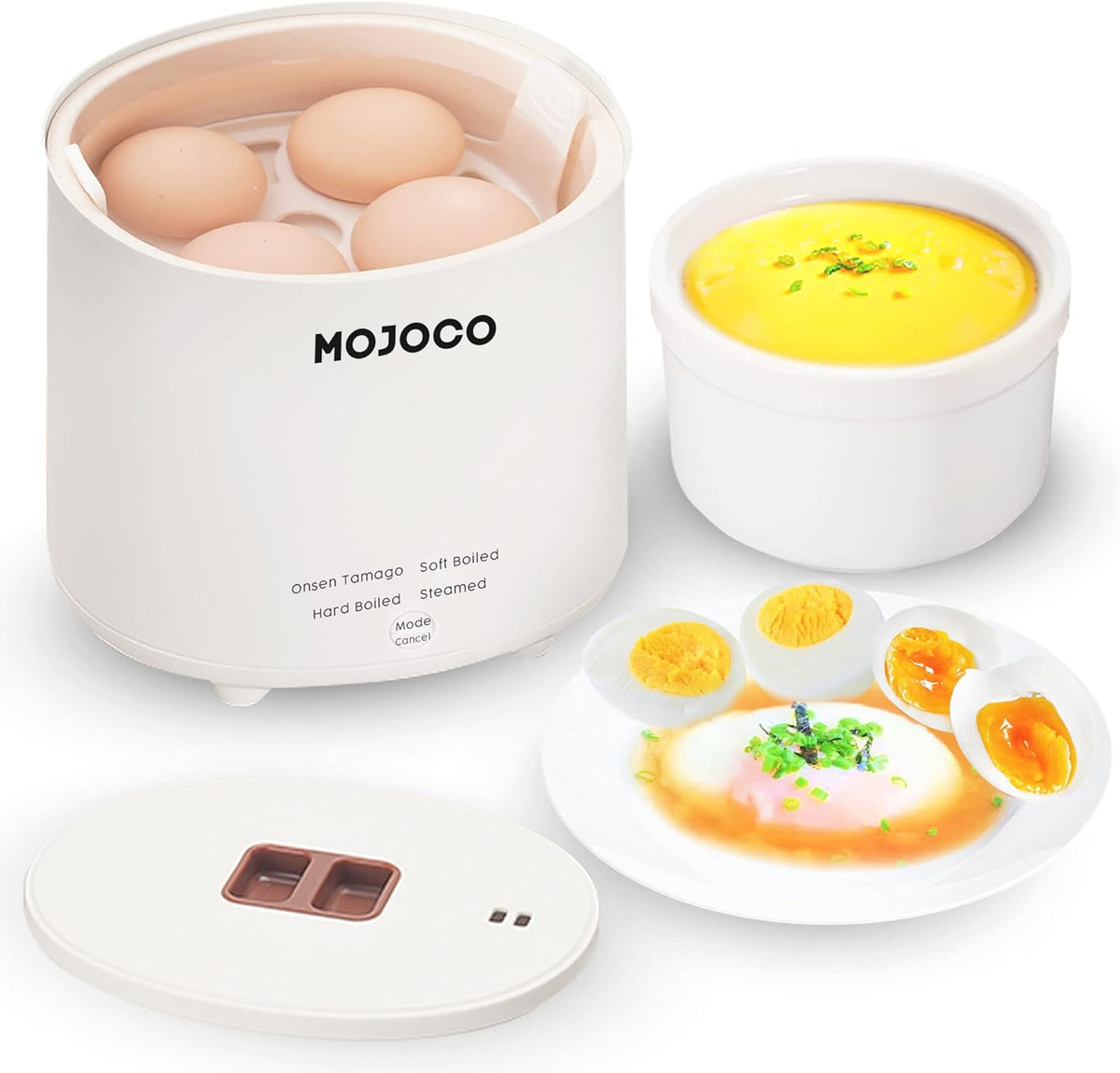 Mojoco Rapid Egg Cooker - Mini Egg Cooker for Steamed, Hard Boiled, Soft Boiled Eggs and Onsen Tamago - Electric Egg Boiler for Home Kitchen, Dorm Use - Smart Egg Maker with Auto Shut OFF and Alarm
