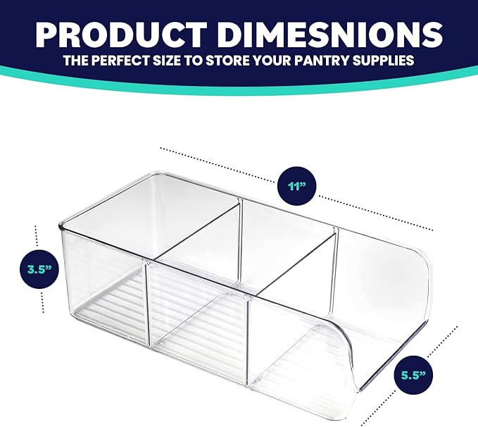 ELTOW 4-Pack Snack Organizer, 3-Compartment Plastic Bins with Removable Dividers, Chip & Food Storage for Pantry, Spices, Fridge, and Cabinet
