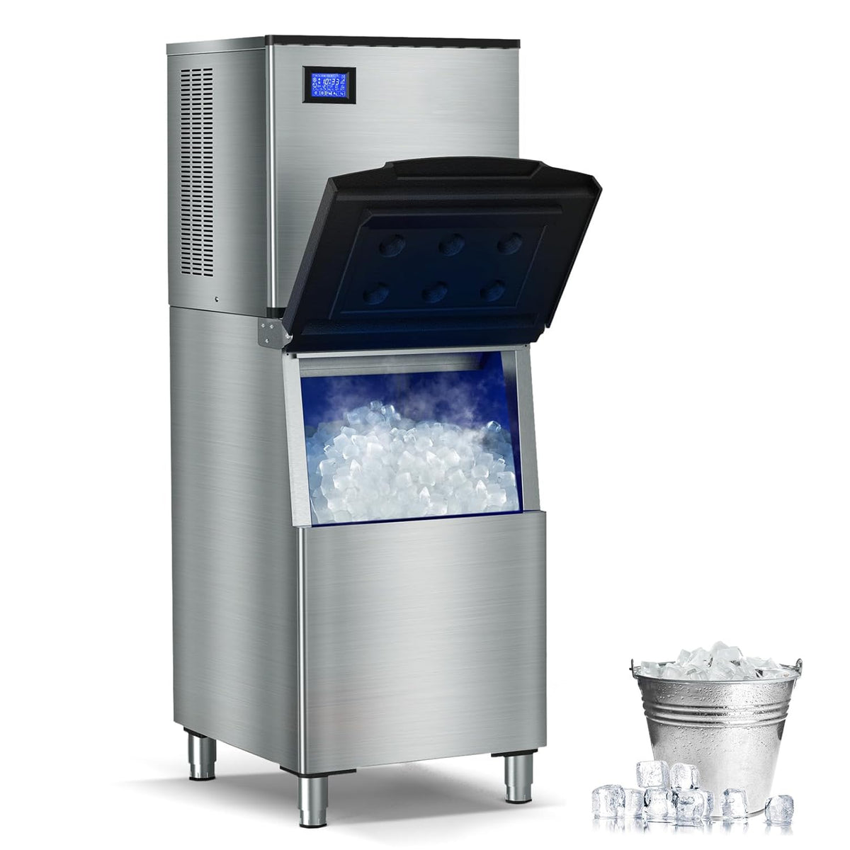 Commercial Ice Maker Machine 650LBS/24H with 350LBS Ice Storage Bin – 182 Cubes per Cycle in 6-15 Mins, Stainless Steel Industrial Ice Machine for Restaurants, Bars, Cafes & Business Use