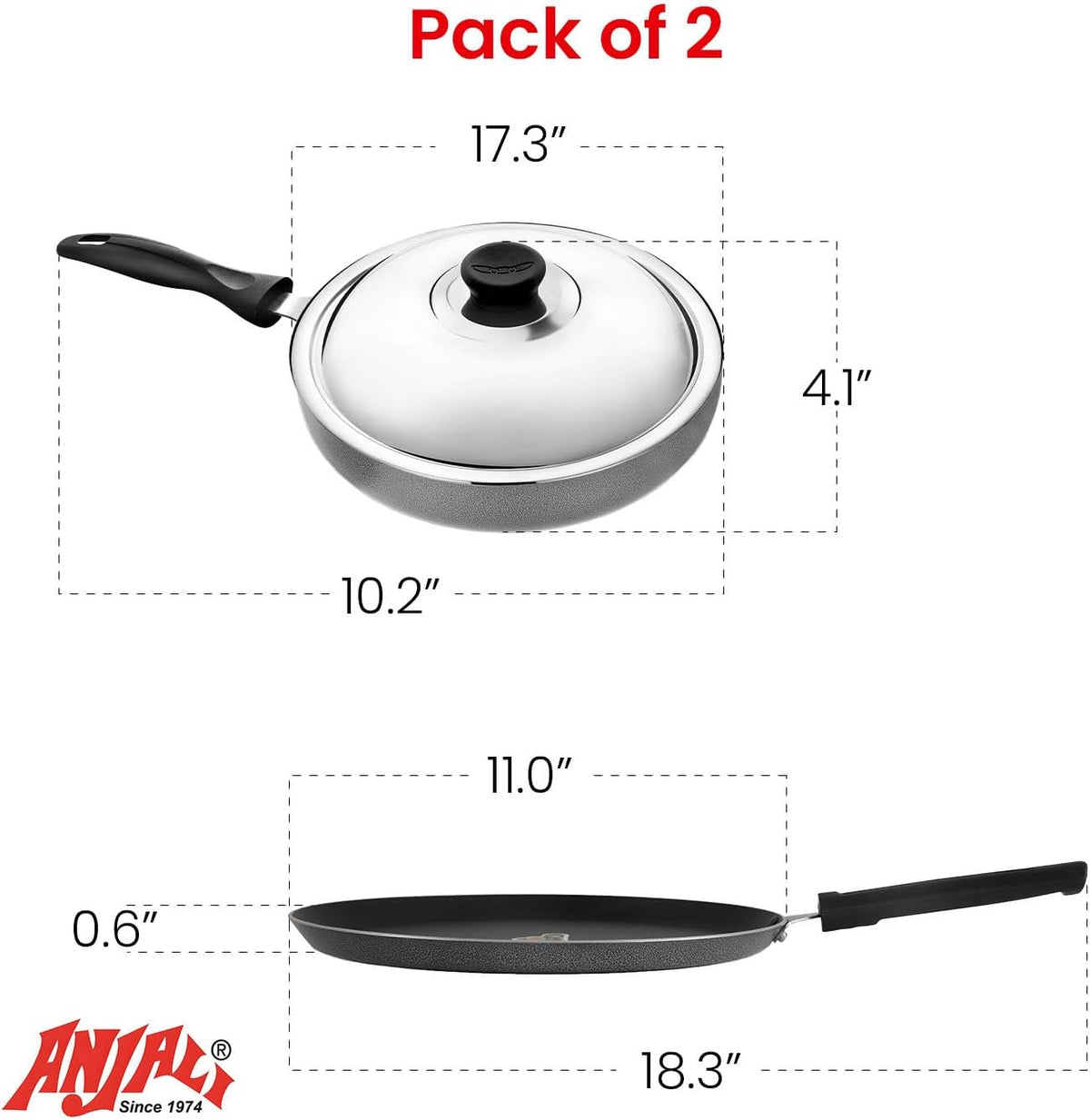 Nonstick Cookware Set – Aluminium Crepe Pan (11-Inch) and Frying Pan with Stainless Steel Lid (10.2-Inch) | Gas and Induction Compatible | Nonstick for Everyday Cooking