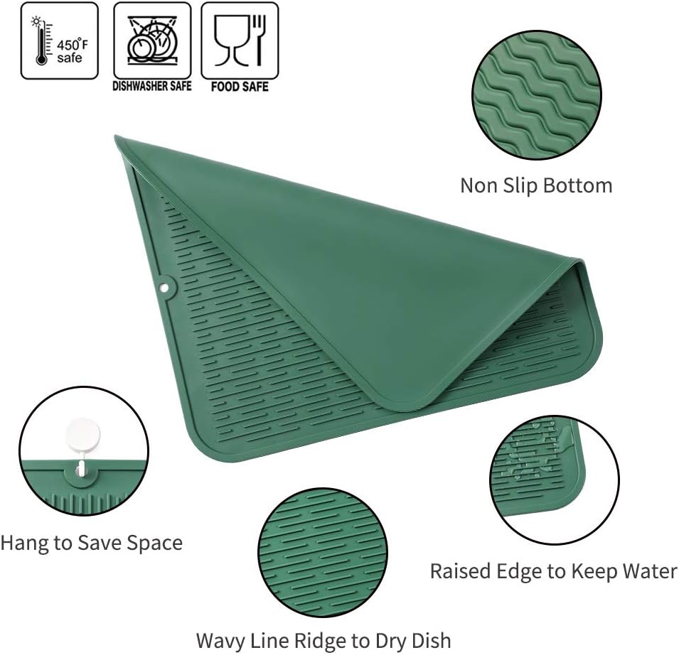 Silicone Dish Drying Mat for Multiple Usage,Easy clean,Eco-friendly,Heat-resistant Silicone Mat for Kitchen Counter or Sink,Refrigerator or Drawer Liner Green XL 18 inches x 16 inches