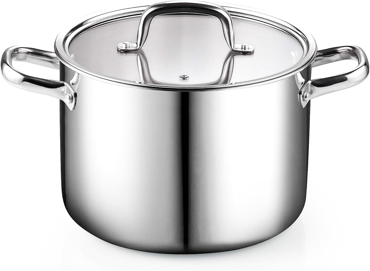 Cook N Home Stainless Steel Stockpot 8 Quart, Tri-Ply Clad Soup Pot with Glass Lid, Induction Compatible, Heavy Duty Canning Pot, Dishwasher Oven Safe, Silver