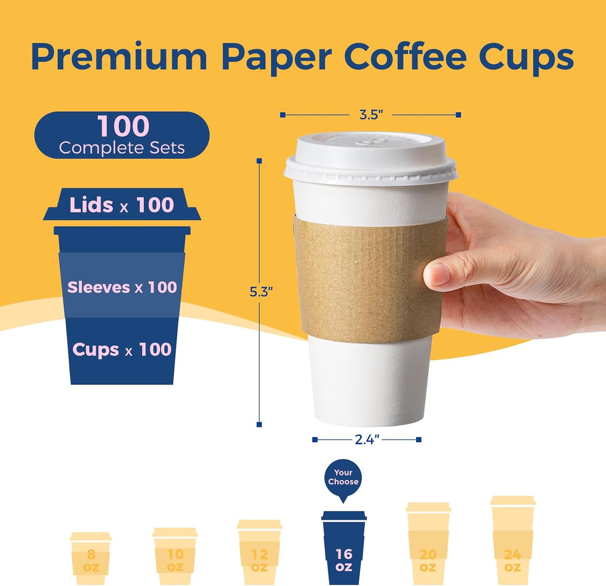 Fit Meal Prep 100 Pack 16 oz Disposable Coffee Cups with Lids, Sleeves, Leak-Proof To Go Coffee Cups with Lids, Durable Hot Paper Cups for Home, Office, Party, Business