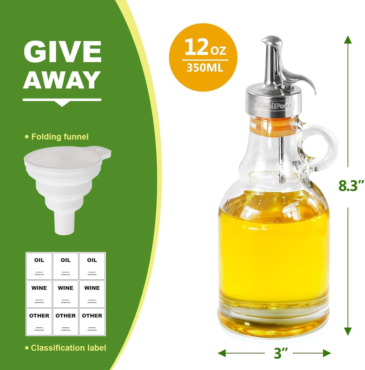 Olive Oil Dispenser Bottle,Glass Oil Dispenser with Stainless Steel Spouts,Oil Bottles for Kitchen, Dispenser Bottle with Drip Free Spouts (2pcs) 12 oz