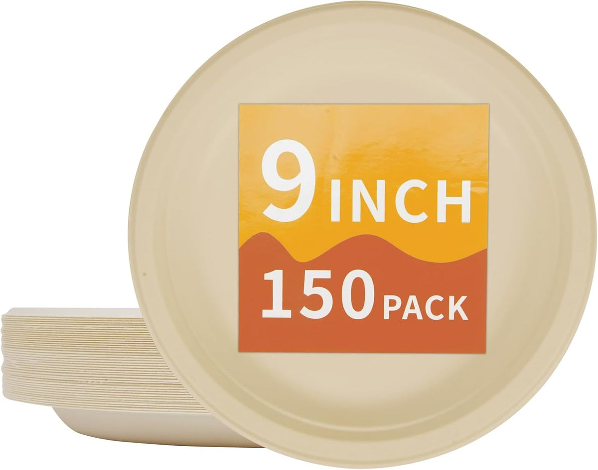Compostable Paper Plates 9 Inch - 100% Biodegradable, Heavy Duty Eco-Friendly Disposable Plates for Camping，Parties, Weddings, BBQ (150 Pack) (9" Natural Brown)