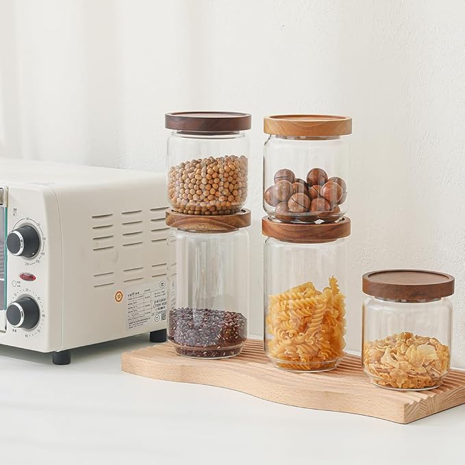 25 OZ Glass Jars 6 Pack with 112 Labels, Clear Glass Storage Containers Food Canisters with Wood Lids