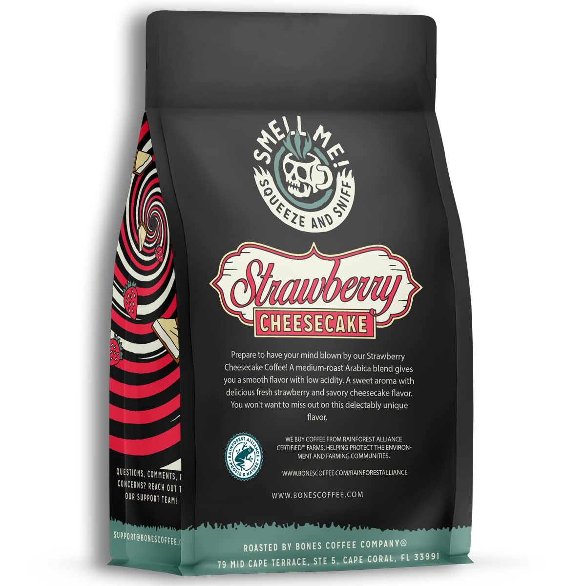 Bones Coffee Company Strawberry Cheesecake Flavored Coffee, Medium Roast Low Acid Arabica Beans Compatible with Auto drip and French Press Coffee Maker, 12 Oz Whole Bean