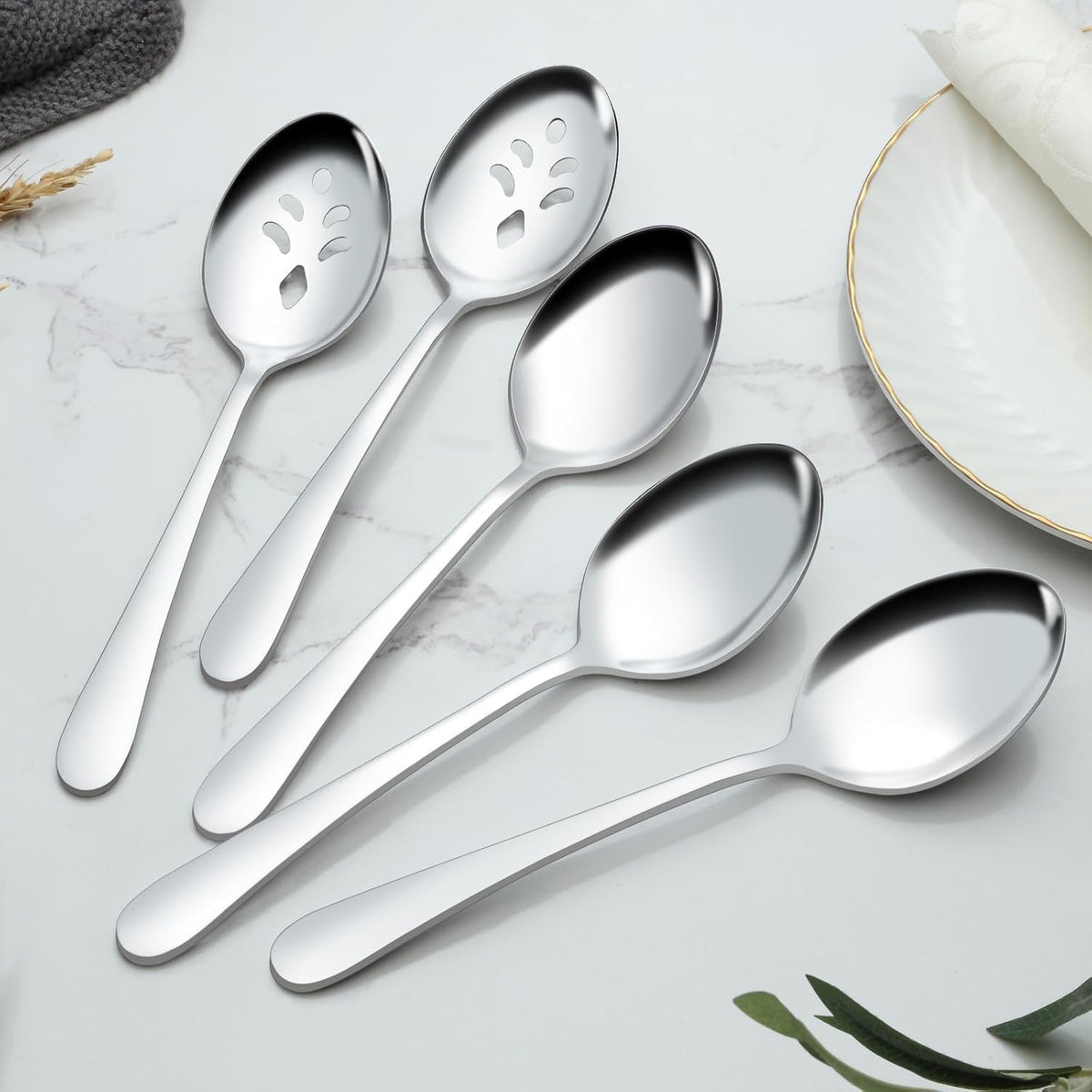 BEWOS 16-Piece Serving Utensils Set, 8 Spoons & 8 Slotted Spoons, 9.1-Inch, Stainless Steel, Dishwasher Safe, Perfect for Parties & Buffets
