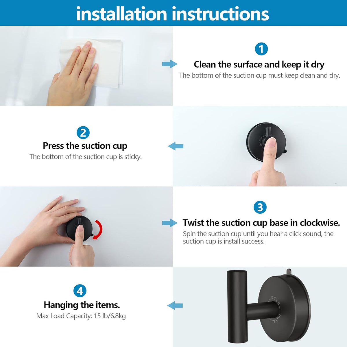 DGYB Large Suction Cup Hooks Black Stainless Steel Suction Shower Hooks for Loofah Set of 2 Towel Hook 11 Lb No Drill Hook for Bathroom