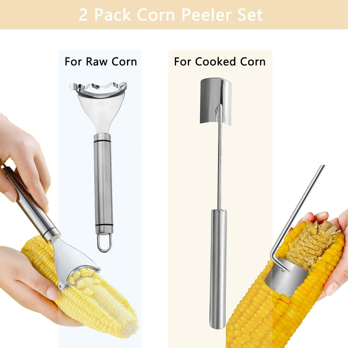 2 Pcs Corn Peeler Set with Long & Short Handle – Stainless Steel Corn Stripper Tools for Raw & Cooked Corn – Durable Kitchen Gadgets for Home, BBQ & Restaurant Use