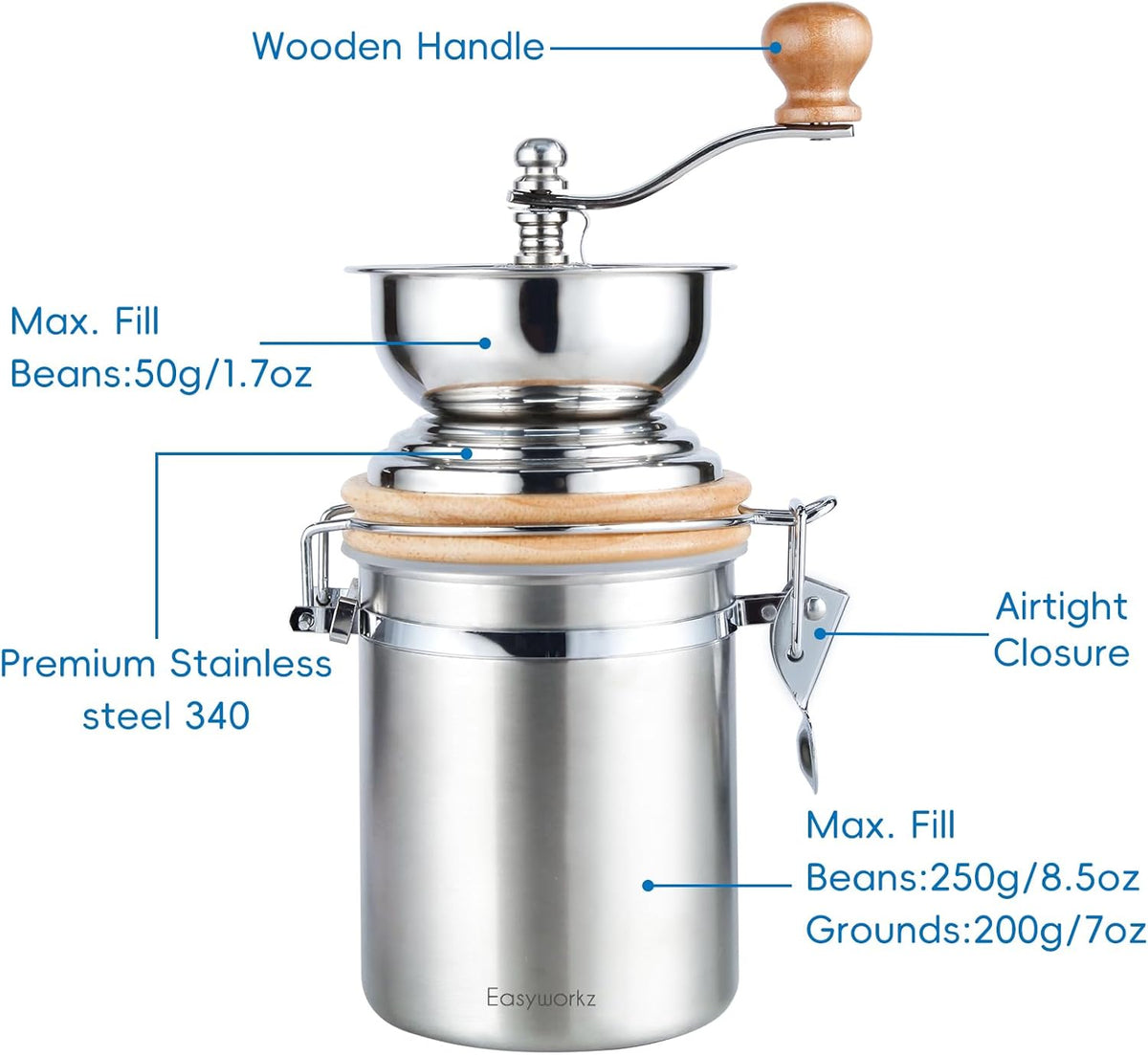 Easyworkz Manual Coffee Grinder - Adjustable Settings, Airtight Canister - Coffee Bean Mill Tool for Kitchen, Hand Crank Coffee Grinder