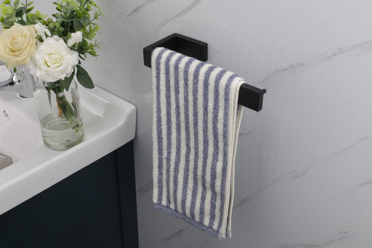 TocTen Hand Towel Holder/Towel Ring - 2Pack Thicken SUS304 Stainless Steel Bathroom Hand Towel Hanger, Heavy Duty Wall Mounted Towel Rack, Square Hand Towel Bar for Bathroom (Matte Black,2 Pcs 9 in)
