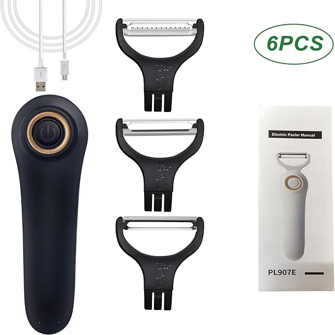 Electric Potato Peeler, Handheld Electric Vegetables and Fruit Peeler 3-in-1 Pro Set, USB Rechargeable Kitchen Gadgets for Apples, Potato, Carrots, Cucumber (Black)