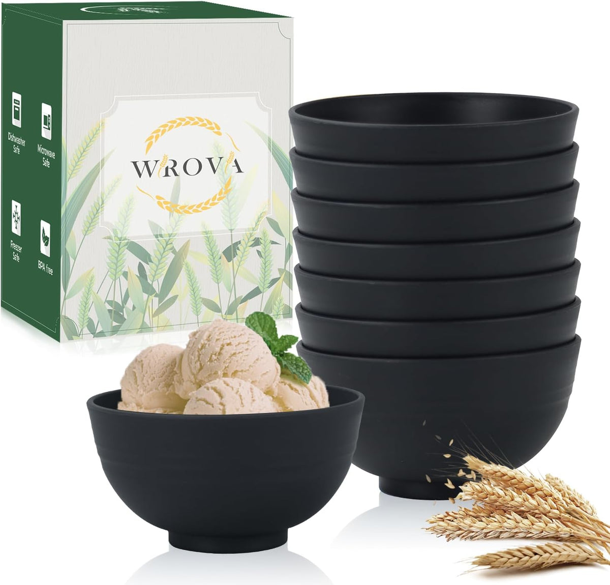 wheat straw snack bowls 10oz set of 8 - Unbreakable Dessert Bowls for kids - Mini Bowls for Ice Cream,Snack and Fruits - Microwave & Dishwasher Safe Appetizer Bowl Sets - Black
