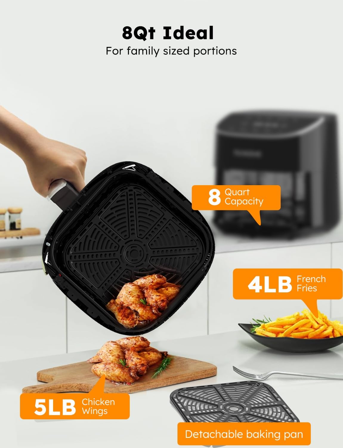 Nuwave Brio Plus 8 Qt Air Fryer, PFAS Free, New & Improved, Digital Touch Screen, Cool White Display, 50°F~400°F in Precise 5°, 5 Cook Functions, 100 Presets & 50 Memory, 3 Wattages 700, 1500, 1800