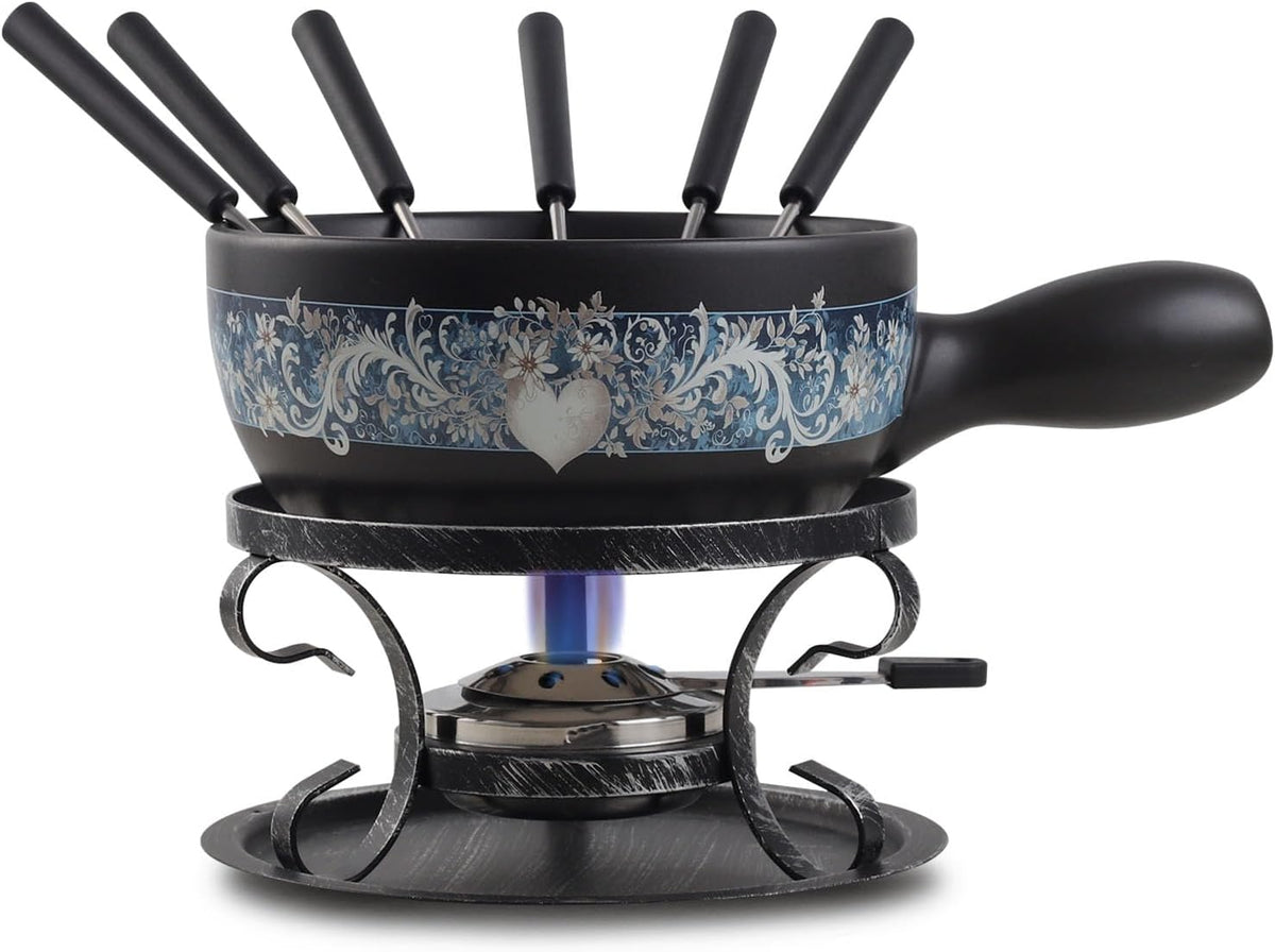 Artestia Swiss Fondue Set for Party - 2L Large Capacity Cheese Fondue Pot Melting Chocolate, Ceramic Fondue Pot, 6 Fondue Forks, Christmas, Wedding Gifts (Enchantment)