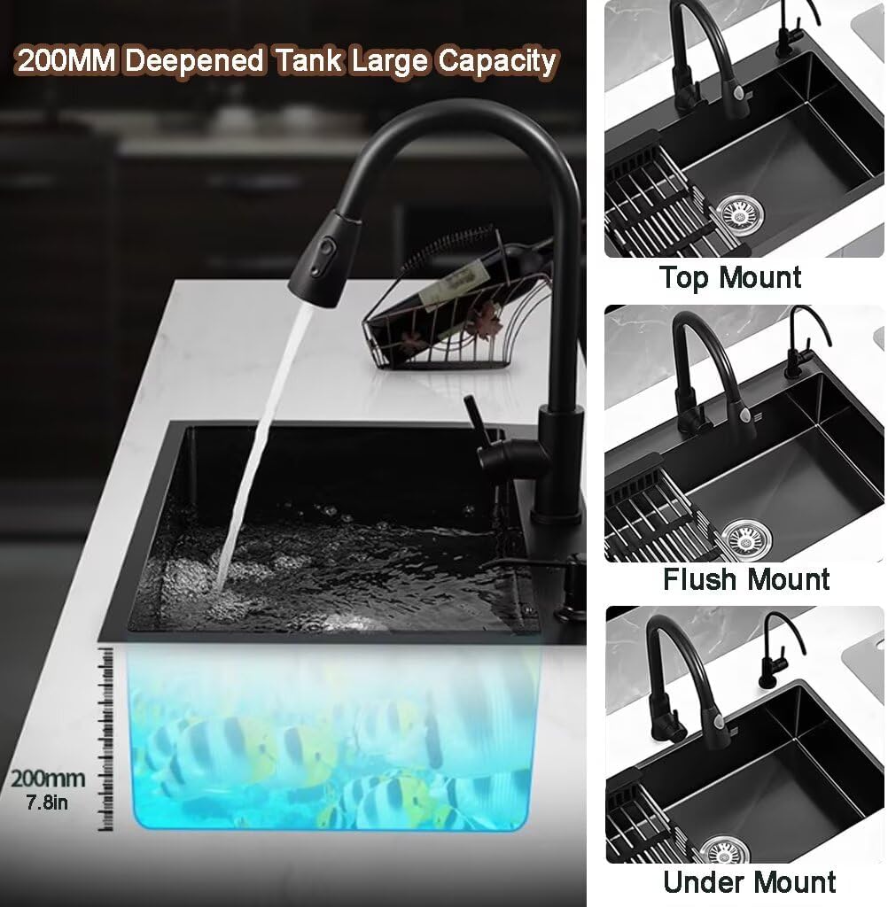 Black Drop in Kitchen Sink, Stainless Steel Single Bowl Sink with 3 Holes, Topmount Workstation Sink, Farmhouse Rectangle Basin with Multiple Accessories (29.5 * 17.7 * 7.9in)