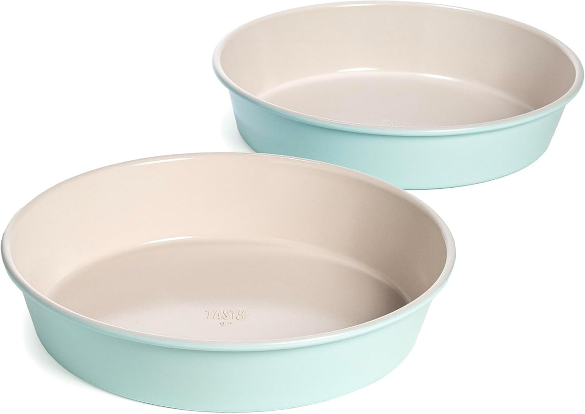 Tasty Clean Ceramic Round Cake Pans Set, 2-Pack of 9-Inch Cake Pans, Durable Aluminized Steel for Professional Results, Clean Ceramic Nonstick Coating, Oven Safe to 425°F, Dishwasher Safe, Aqua