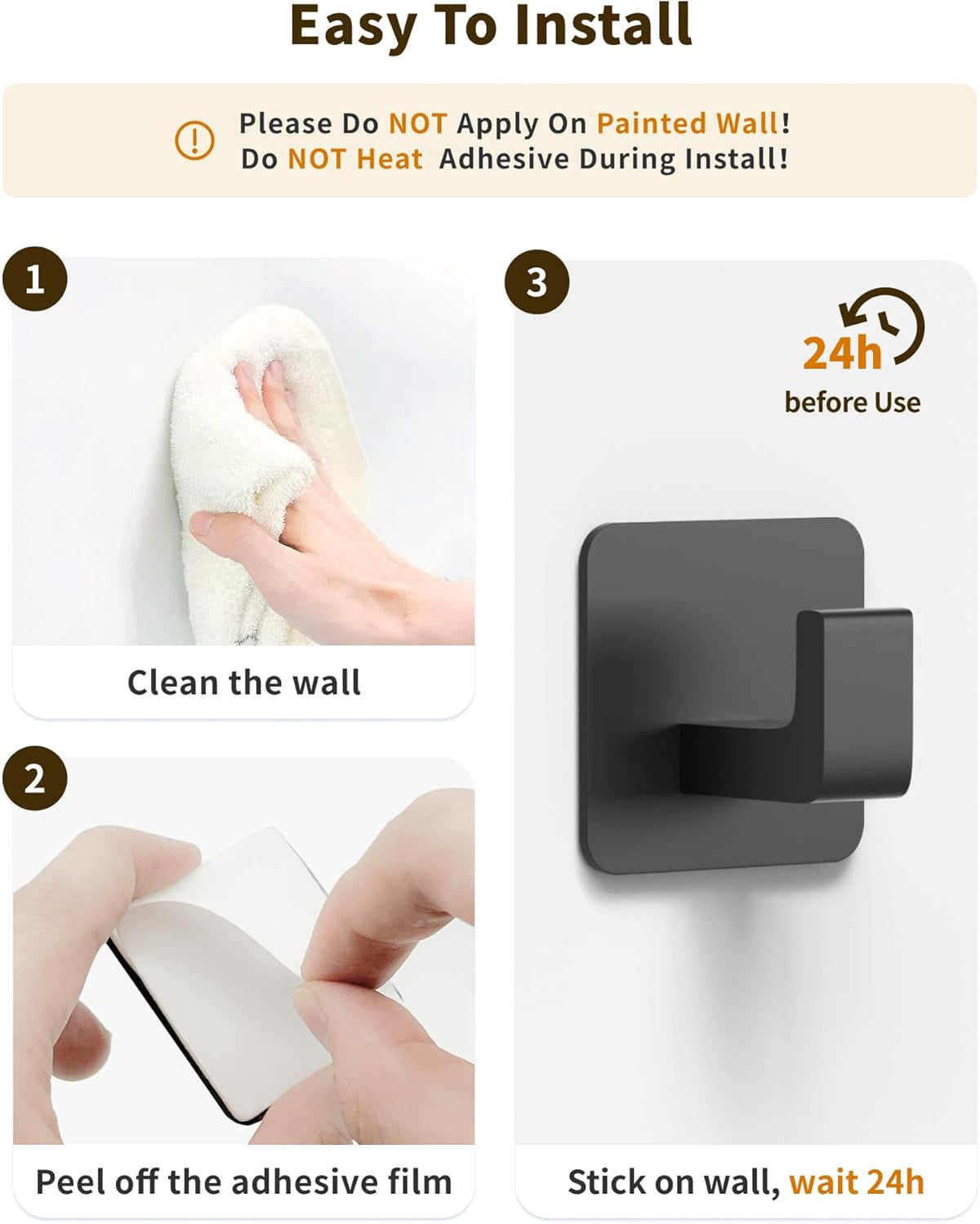 Square Self Adhesive Towel Hooks - 4 Pack Matte Black Metal Hooks, Right-Angle Design for Towels, Robes & Hats, Organize Bathroom, Kitchen, Entryway, Doors, Cabinets on Smooth Surfaces