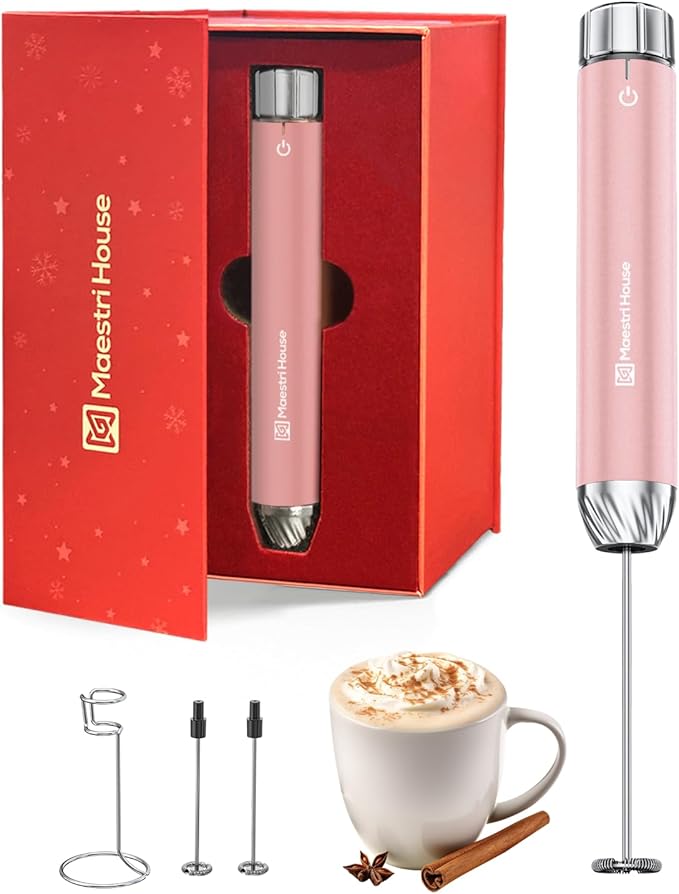 Maestri House LunaFro Max Rechargeable Milk Frother with Stepless Speed Control, Handheld Electric Foam Maker with Stand and Detachable Whisks for Lattes, Ideal Christmas Gift, Dusty Rose
