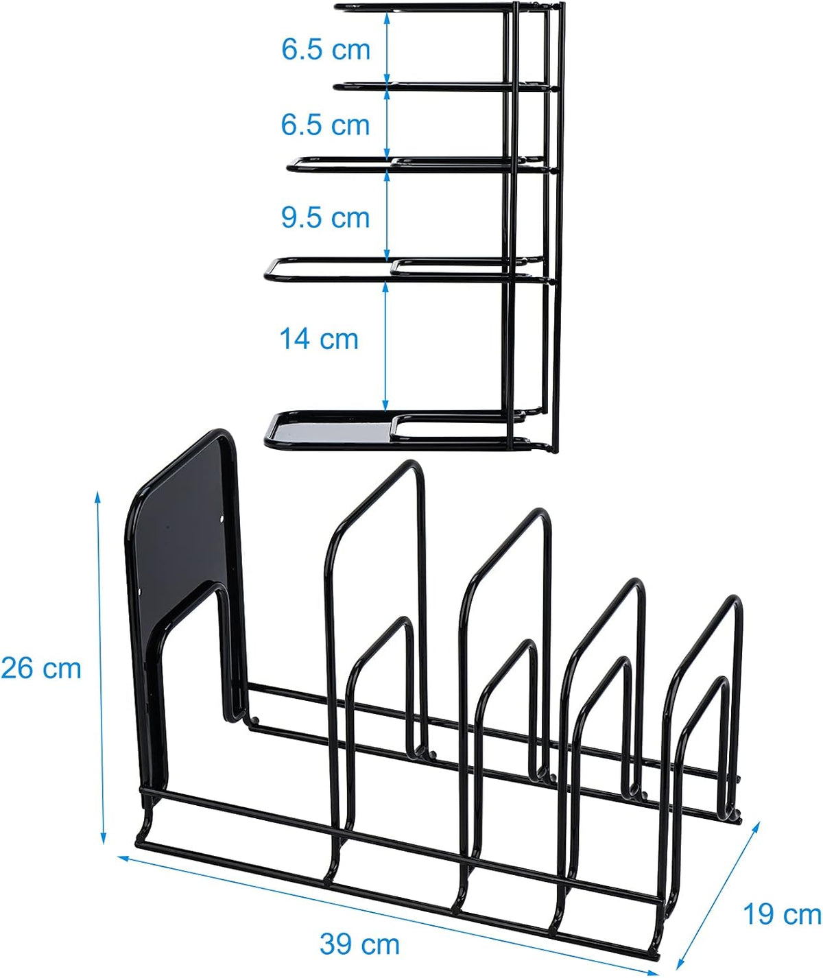 Toplife Heavy Duty Pan Organizer, 5 Tier Pot and Pan Organizer Rack for Cast Iron Skillets, Griddles and Pots - Sturdy Steel Construction- No Assembly Required - Black