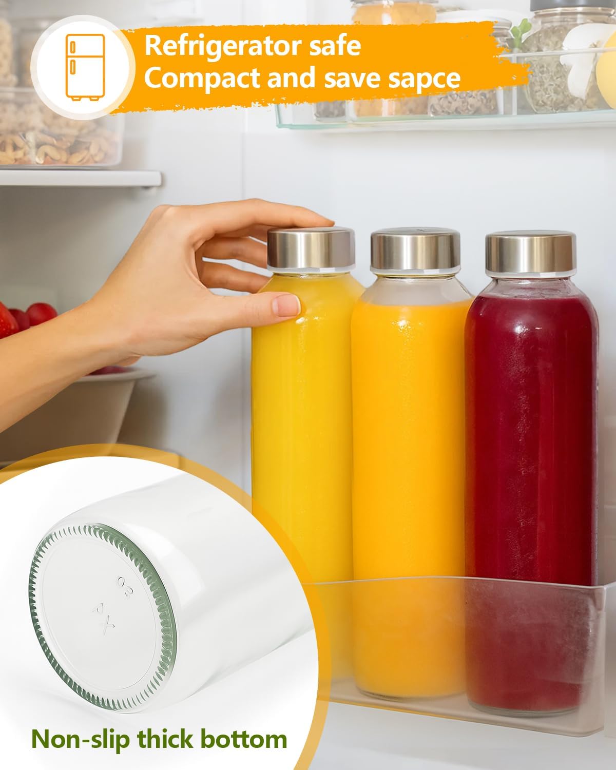 Zukro Glass Water Bottles with Lids 32 oz, 3 Pack Reusable Juice Bottles With Stainless Steel Airtight Cap for Juicing, Leak Proof Clear Drinking Jar Beverage storage container for Fridge, BPA Free
