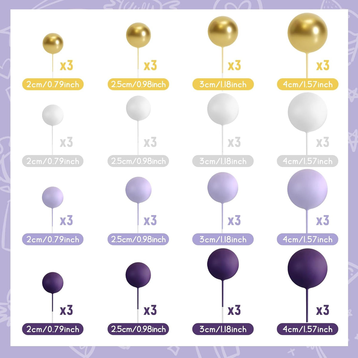 48 Pcs Balls Cake Topper Decorations Balloon Cupcake Toppers Foam Cake Topper Balls Cake Balls Decorations for Birthday Party Wedding Cake Decorating (Purple, Light Purple, White, Gold)