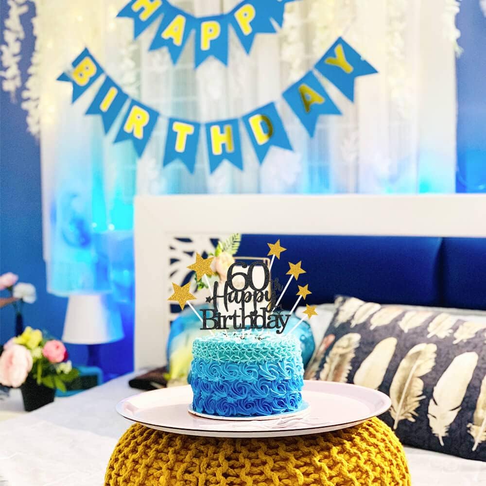 Glittery 60th Happy Birthday Cake Topper with Star,Personalised 60 Birthday Cake Toppers Party Decorations Party Supplies for Men Women Black Gold