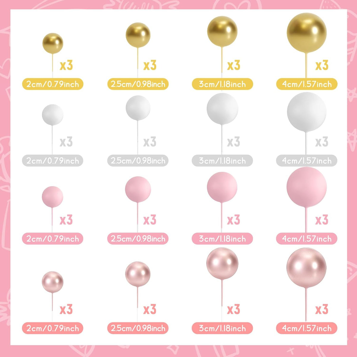 48 Pcs Cake Topper Decorations - Balloon Cupcake Toppers, Foam Balls for Birthday Party Wedding Cake Decorating (Rose Gold, Pink, White, Gold)