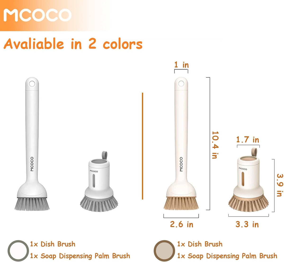 Dish Brush Set with Soap Dispensing Palm Brush Dish Scrub Brush with Soap Dispenser Palm Dish Brush Kitchen Cleaning Brush with Ergonomic Long Handle for Cleaning Sink, Pot, Pan, Stove, White