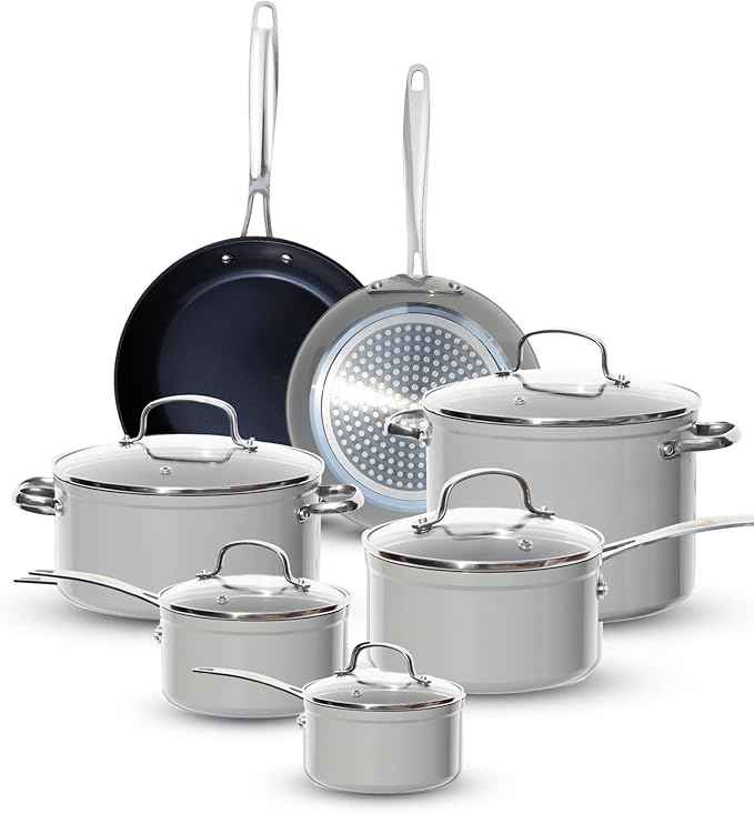Nuwave Healthy G11-Pots and Pans Set Non Stick, 9H Near-Diamond Hardness Scratch-Resistant, Works on All Stovetops, PFAS Free, with Frying Pans, Saucepans & Glass Lids, Stay-Cool Handles, Cool Gray