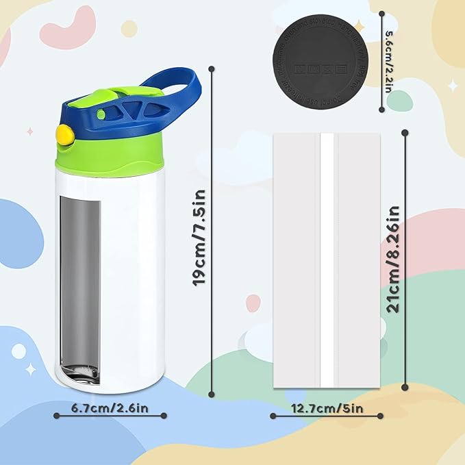 Kids Sublimation Tumbler,12oz Sublimation Water Bottle Blanks,Straight Stainless Steel Todder Sippy Cup,2PACK Double Wall Insulated Sippy Tumbler with Handle,Shrink Films,Leak Proof
