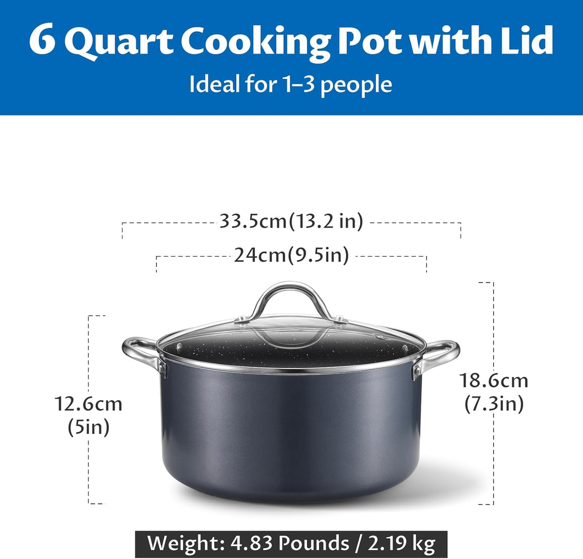 BEZIA 6 Quart Cooking Pot, Non Stick Induction Stock Pots with Lid, All Stove Compatible, 6 QT Aluminum Soup/Stew Pot For Small Households, Grey