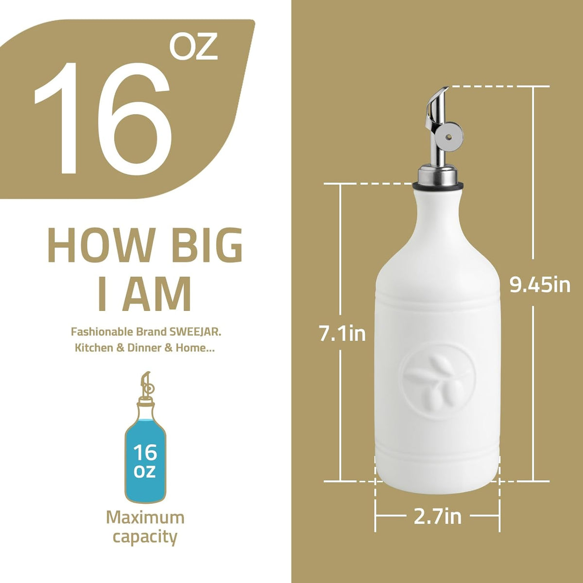 Sweejar 16 Oz Ceramic Olive Oil Dispenser Bottle, Oil Dispenser for Kitchen with Gravity Spout, Relief Opaque Vinegar Container for Evoo, Soy Sauce, 1 Pack(Turquoise, Gold Spout)