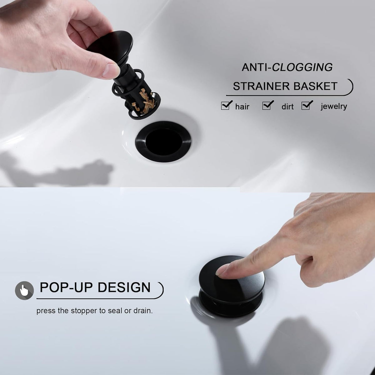 Bathroom Sink Drain, Pop Up Drain Stopper with Overflow, Lavatory Vanity Vessel Sink Drain Assembly, Matte Black