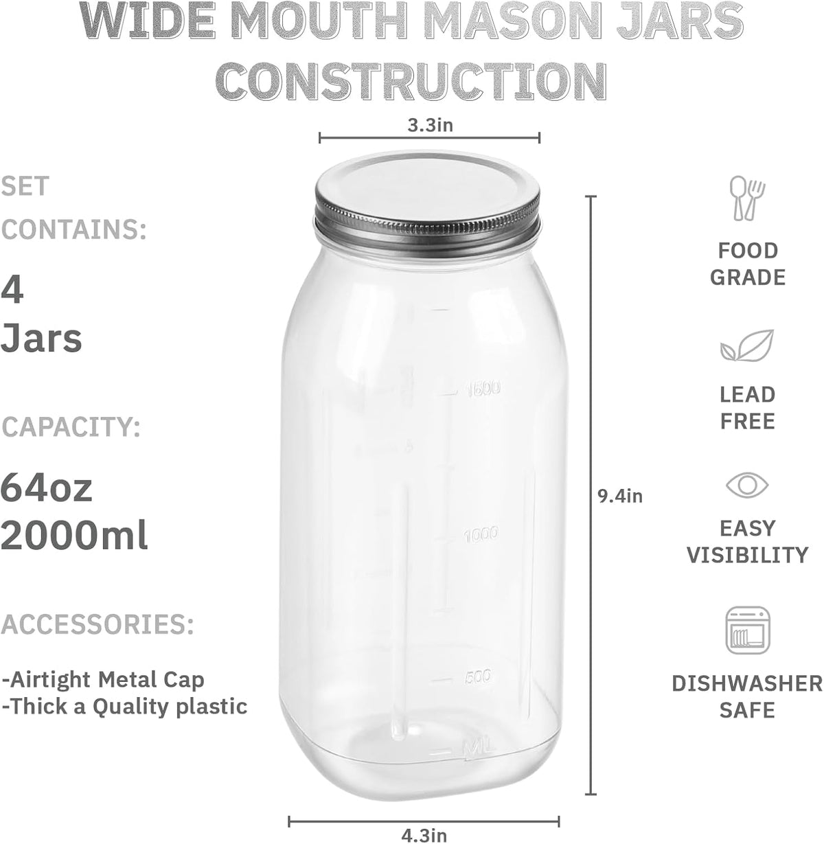 novelinks 64 oz Large Plastic Jars with Metal Lids - 4 Pack BPA-Free Clear Storage Containers for Pantry, Pickles, Sauces, Flour, Snacks - Leak-Proof Airtight Food Grade Jars for Kitchen (Silver)