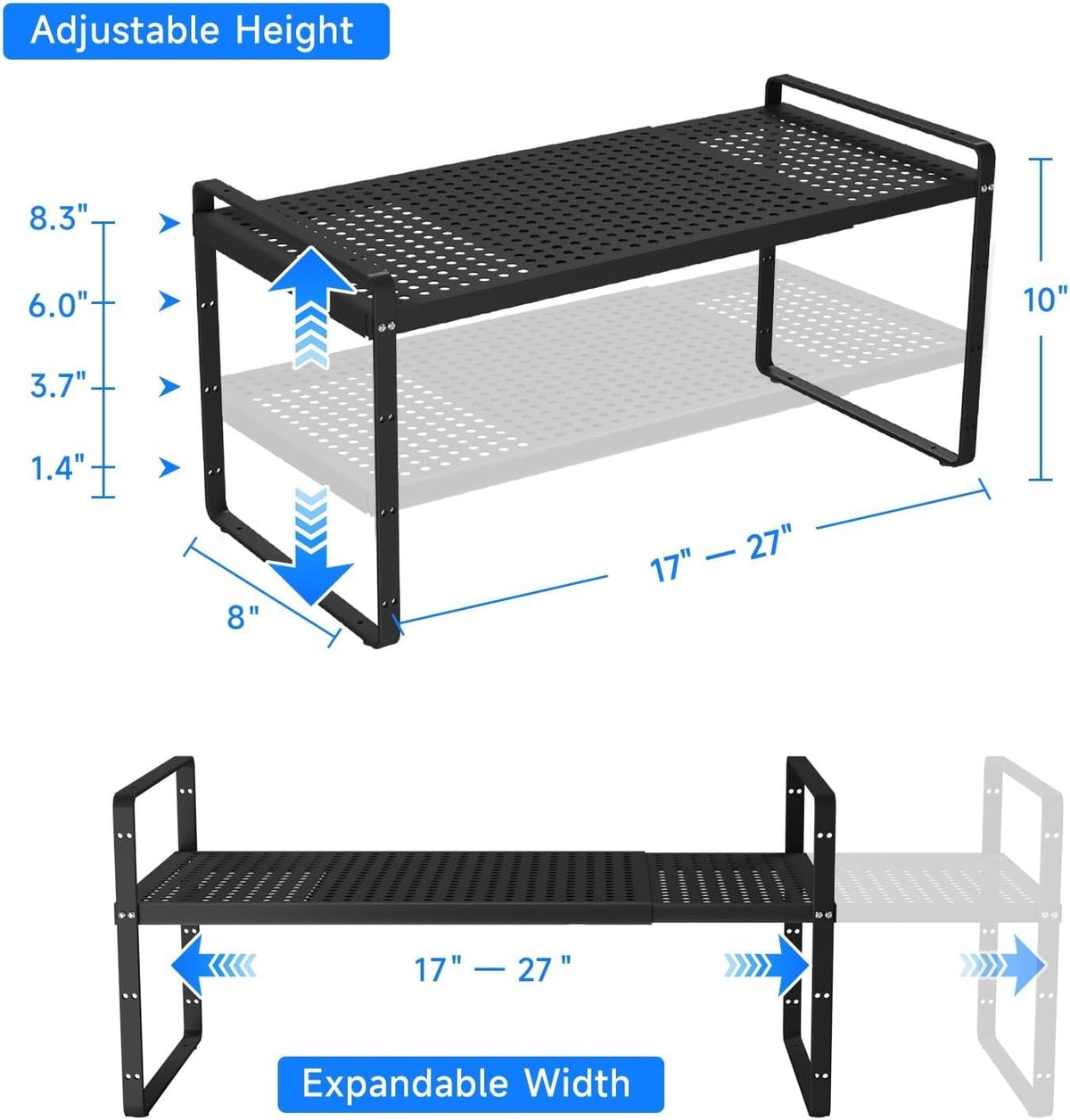 Expandable Kitchen Shelf Organizers, Kitchen Cabinet Organizer Stand Rack Organization for Countertop Office Desktop, Black 2 Pack