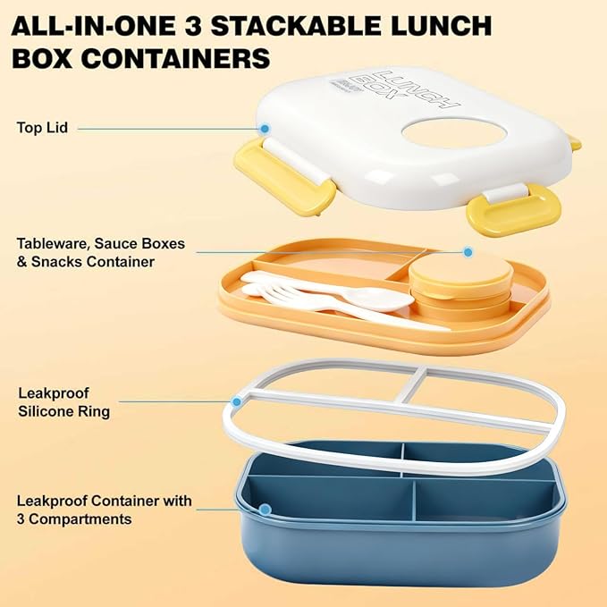 Lunch Bento Box Set - 3 Compartment Containers for Kids and Adults,lunch box for women with Thermo Lunch Bag, Leak-Proof and BPA-Free - Built-in Utensil Set,Sauce - Dishwasher Safe-Blue