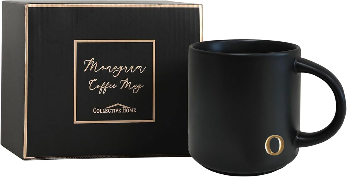 COLLECTIVE HOME - Black Monogram Ceramic Mugs, 15 oz Golden Initial Coffee Cups, Elegant Alphabet Tea Mugs, Personalized Halloween Mug with Gift Box, Perfect for Office and Home Décor (o)