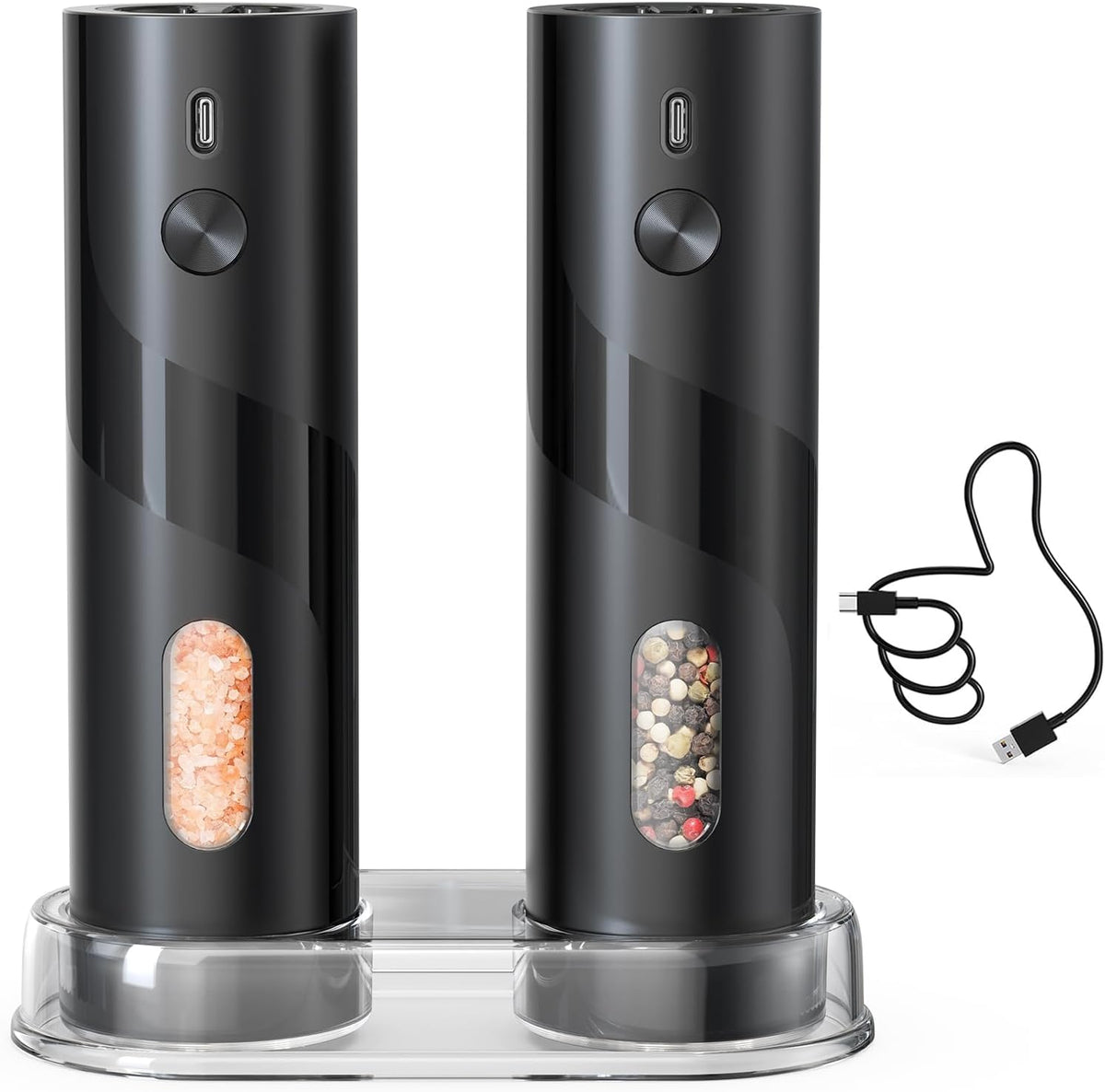 CIRCLE JOY Rechargeable Electric Salt and Pepper Grinder Set with Base, Automatic Pepper Mill Grinders with 110ml Container, Adjustable Coarseness and White LED Light, Black
